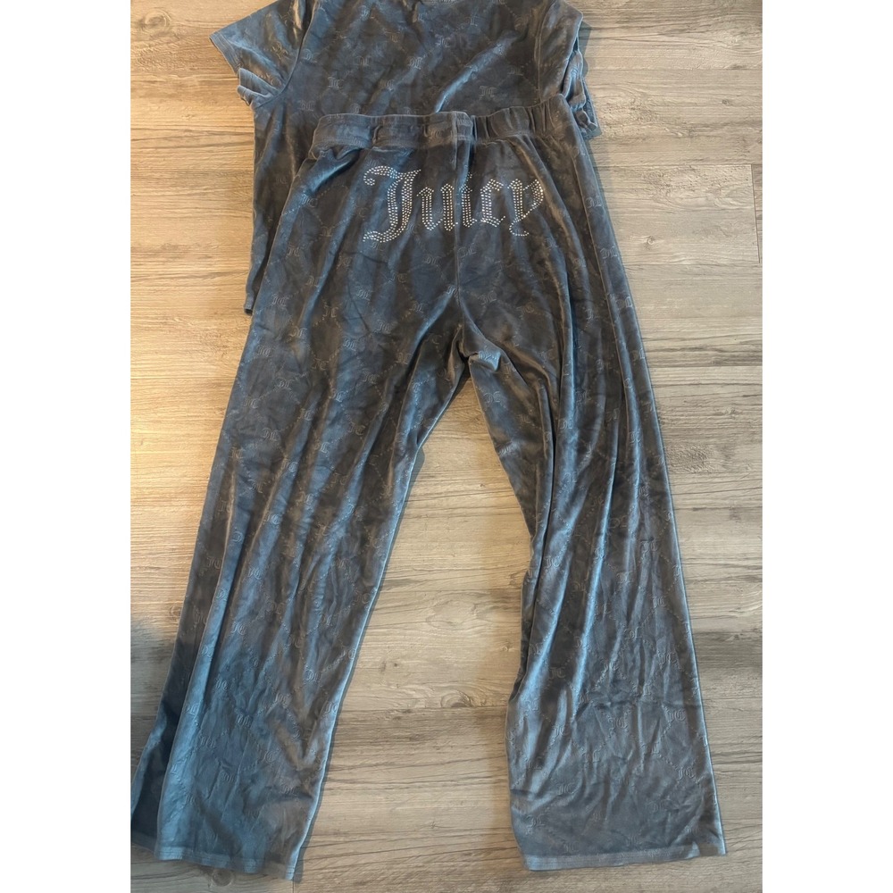 Juicy Couture Velour Pajama Set Gray Rhinestone Logo Monogram XL Sleepwear - Picture 6 of 11